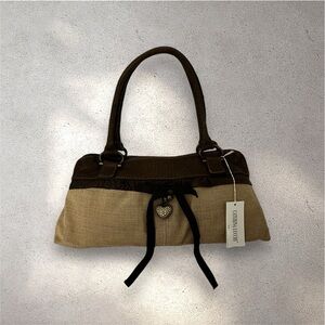 CATERINA LUCCHI | Italian Burlap + Leather Long Low Heart Charm Jingle Bag